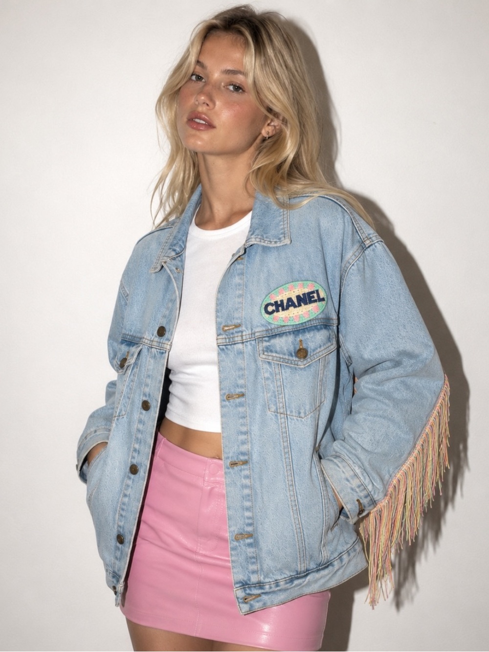 1of1 Light Blue Denim Jacket with Chanel patch rainbow Fringe new